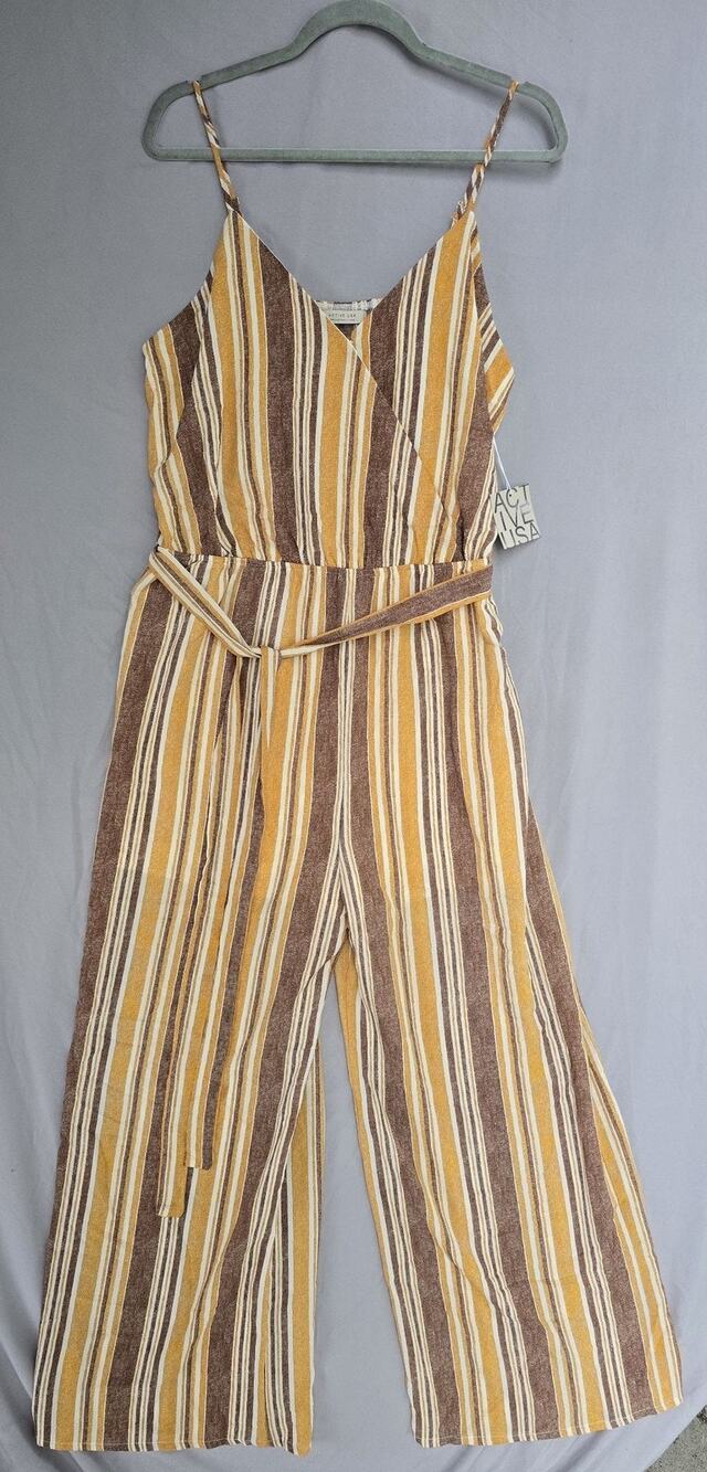 Active USA Jumpsuit Womens 1X Yellow Brown Stripe V Neck Belted Wide Leg